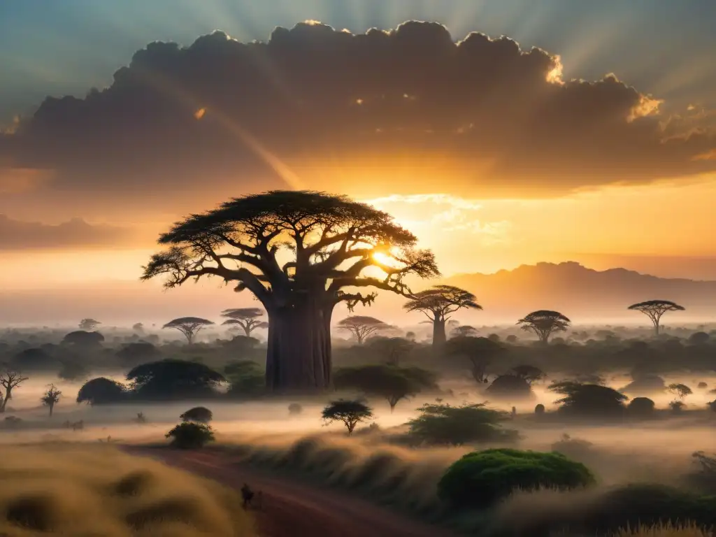 Épica escena de mitología africana: dioses y héroes en paisaje al atardecer con baobabs