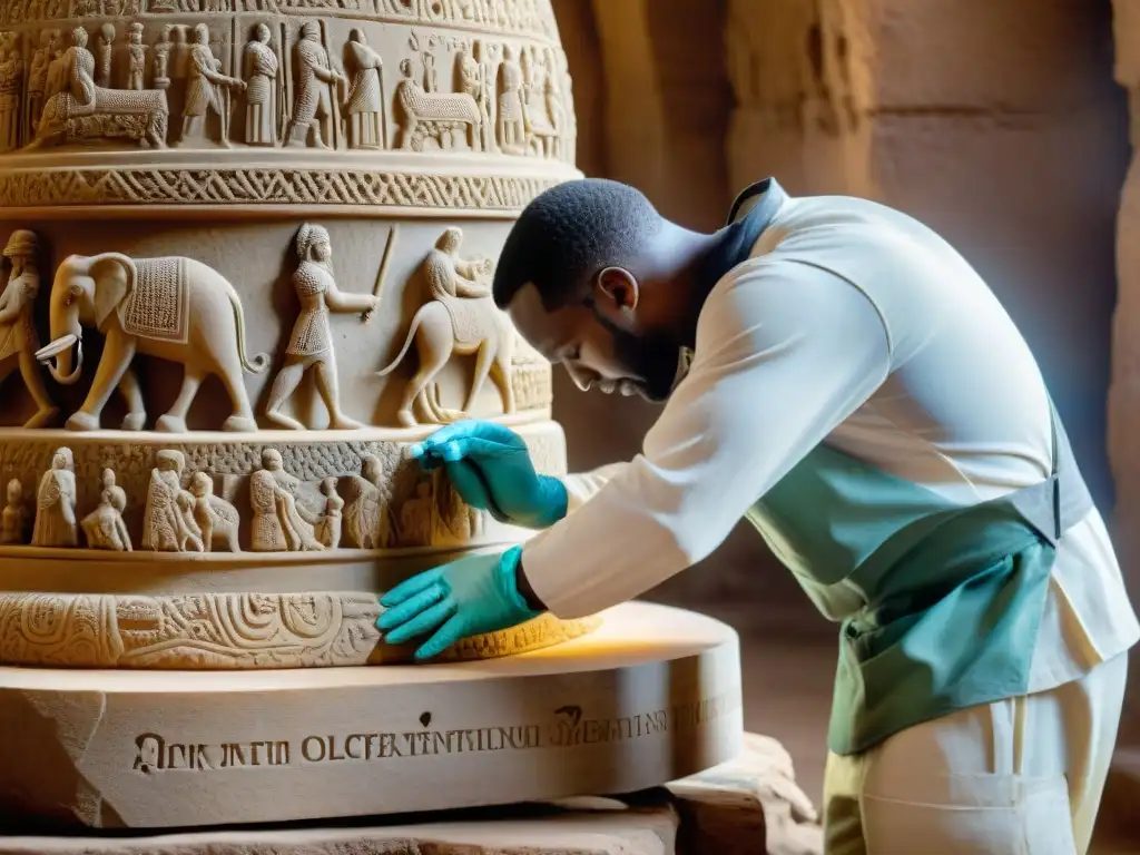 Equipo de restauración monumentos antiguos África trabajando con meticulosidad en tallado de piedra centenaria