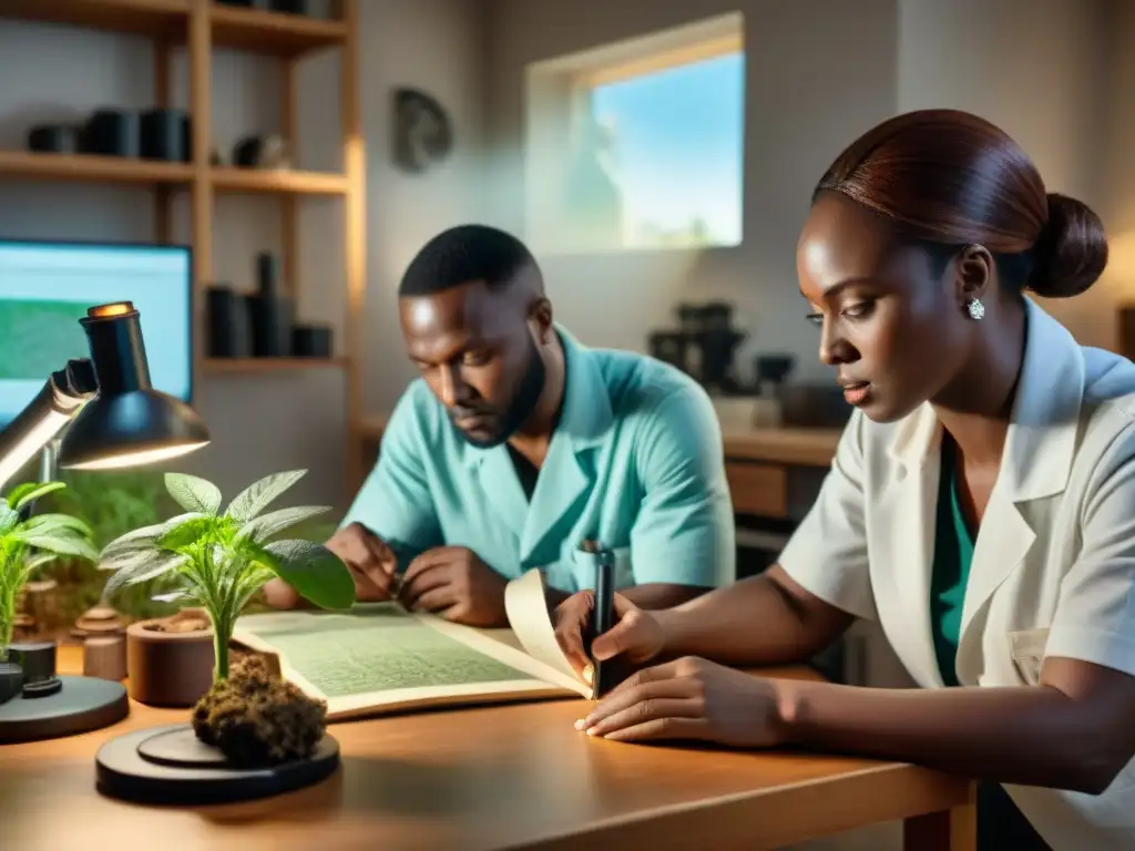 Equipo de arqueobotánicos analizando restos de plantas antiguas en laboratorio, rodeados de artefactos africanos e investigaciones