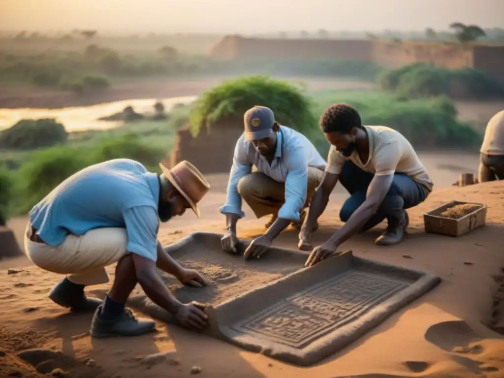 Equipo de arqueólogos descubriendo antiguas civilizaciones africanas a la orilla del Nilo Azul al atardecer