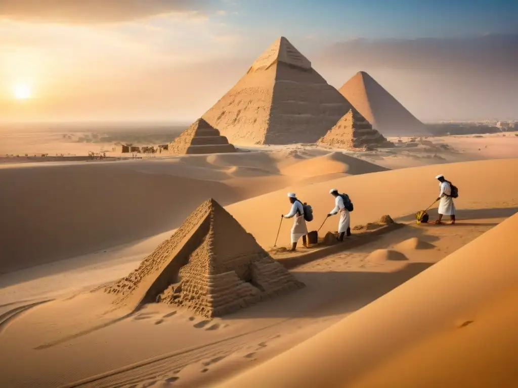 Equipo de arqueólogos excavando con precisión en Egipto, revelando antigüedades africanas al atardecer