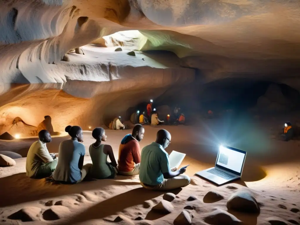 Equipo de arqueólogos analizando arte rupestre en una remota cueva africana, destacando detalles y contrastes