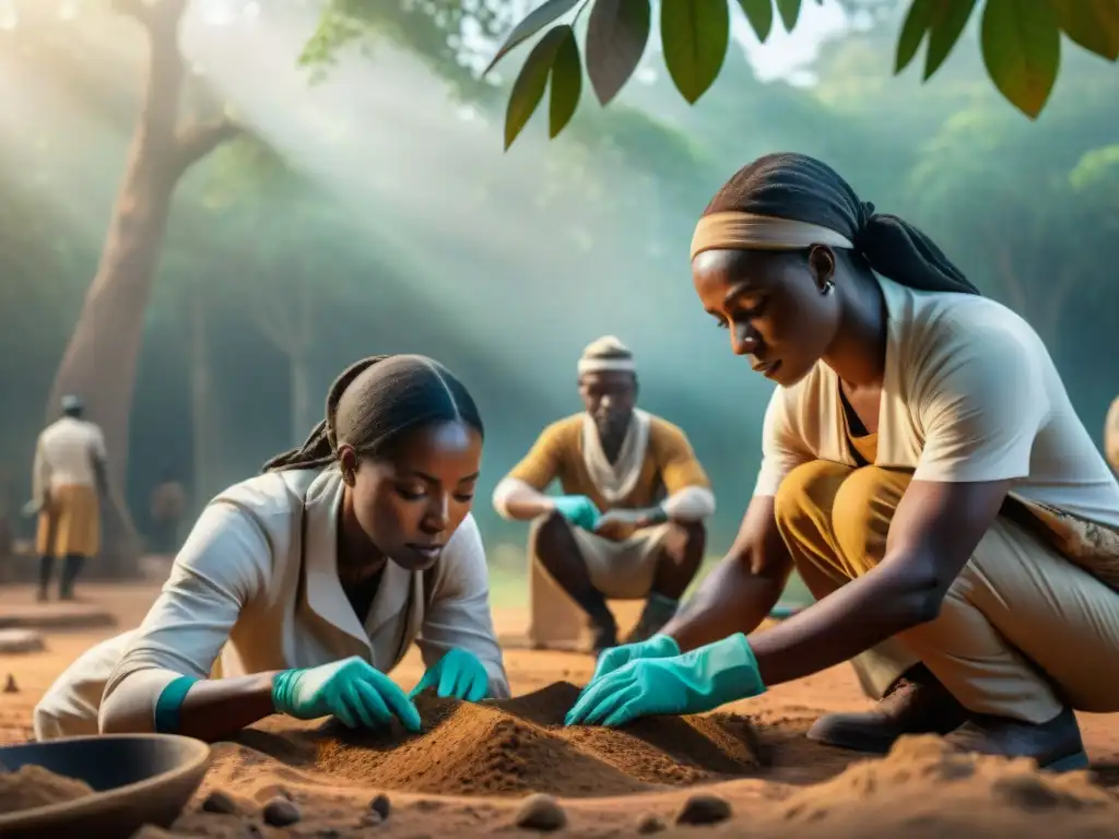 Equipo de arqueólogos excavando artefactos africanos antiguos, destacando la preservación del Patrimonio Africano