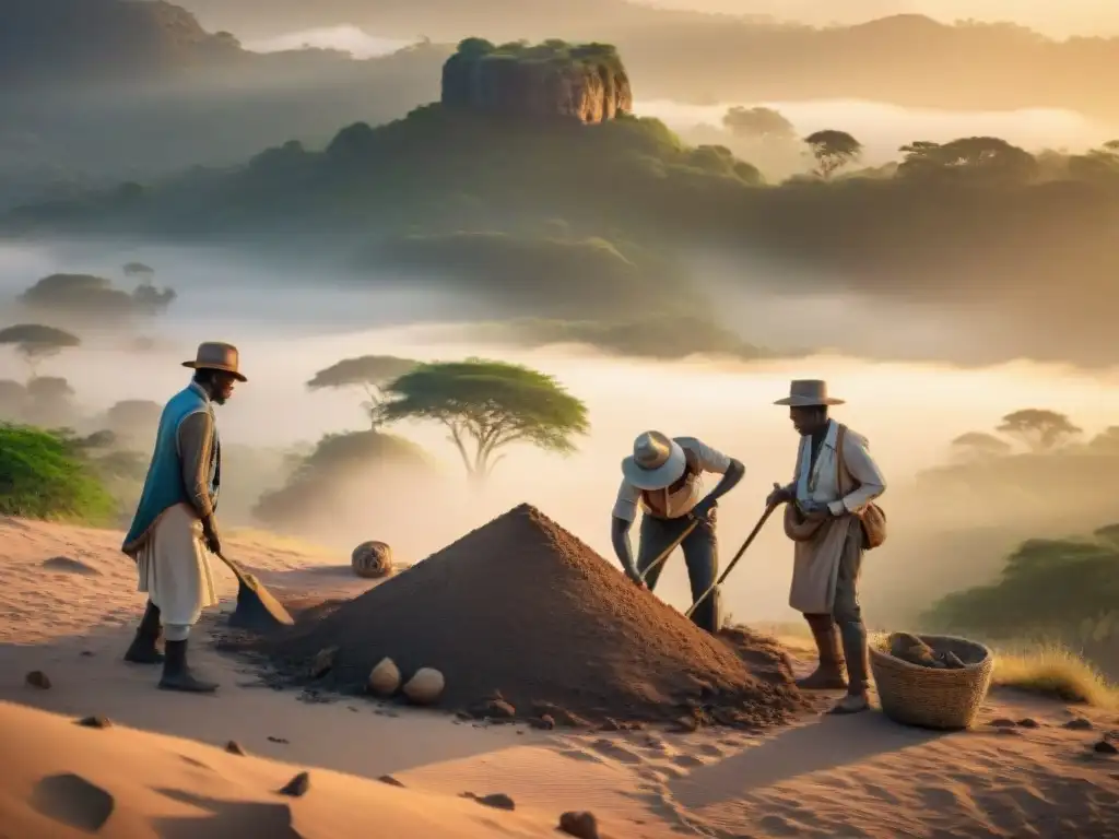 Equipo de arqueólogos excavando artefactos africanos antiguos en un paisaje africano al atardecer, reflejando la Preservación del Patrimonio Africano