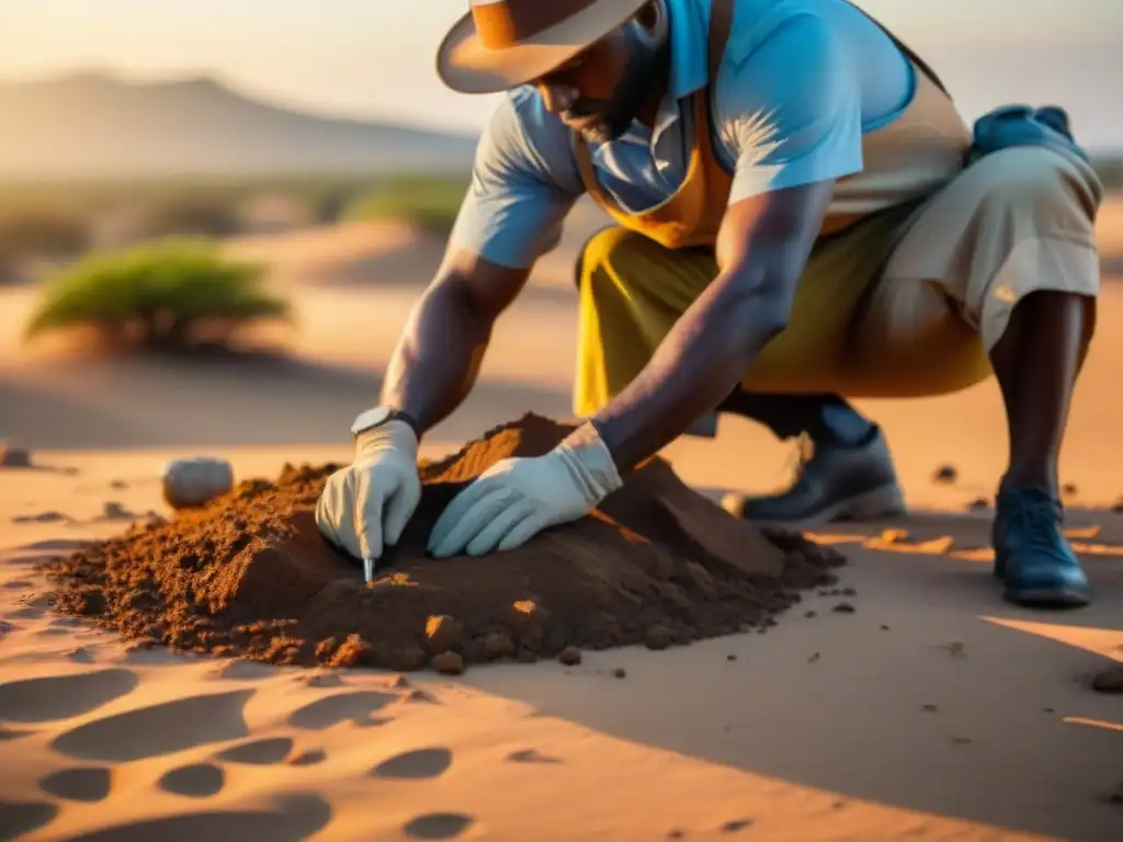 Equipo de arqueólogos excavando artefactos antiguos en la sabana africana al atardecer, resaltando la conservación del patrimonio arqueológico africano