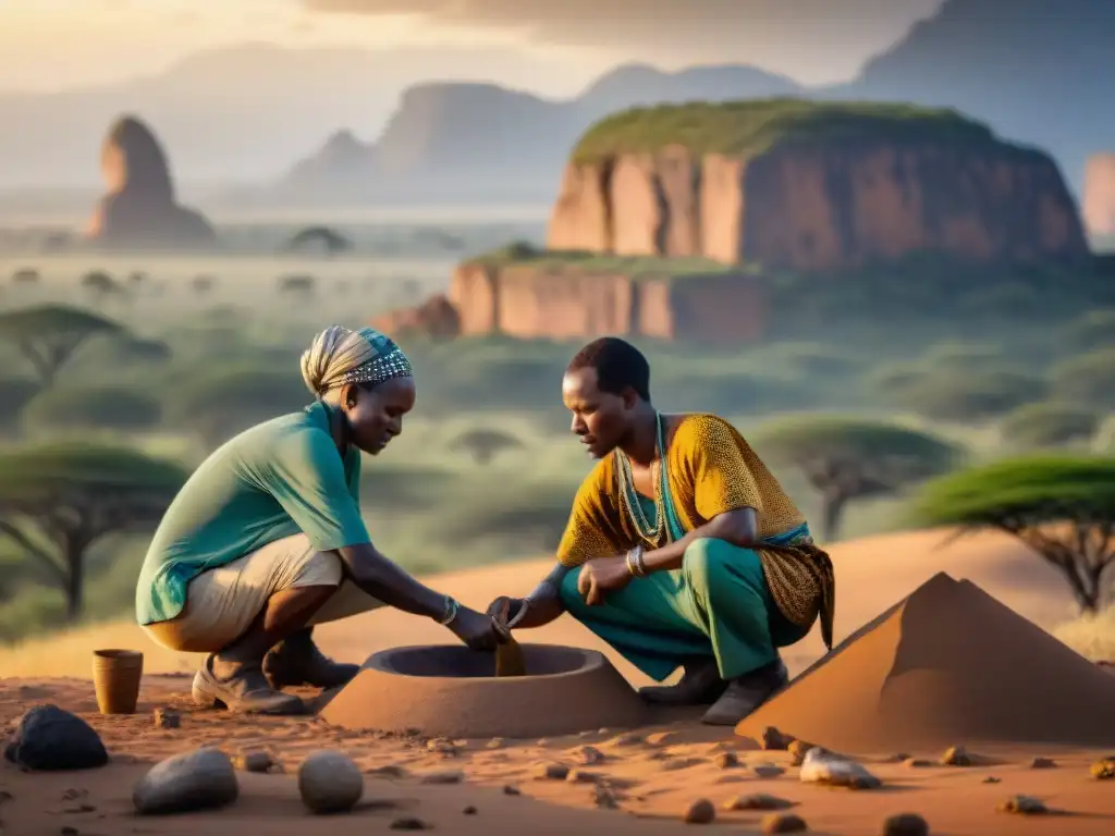 Un equipo de arqueólogos excavando artefactos antiguos en la sabana africana, con patrones tradicionales y paisaje impresionante