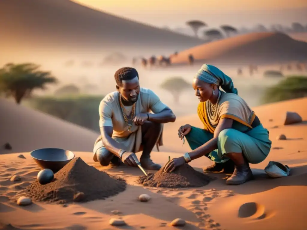 Equipo de arqueólogos excavando artefactos antiguos en África al atardecer