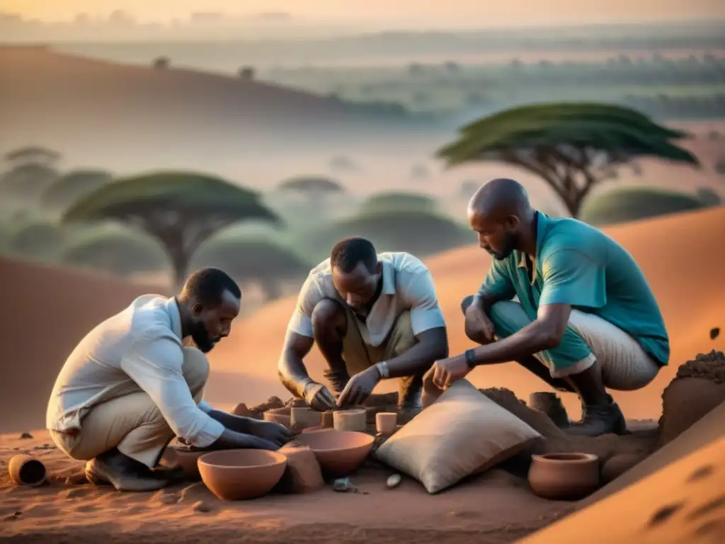 Un equipo de arqueólogos excava artefactos antiguos en una sabana africana al atardecer