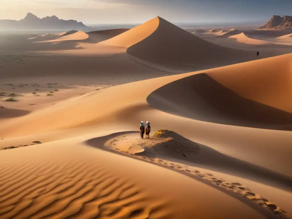 Equipo de arqueólogos excavando artefactos antiguos en el desierto africano, bajo un sol abrasador