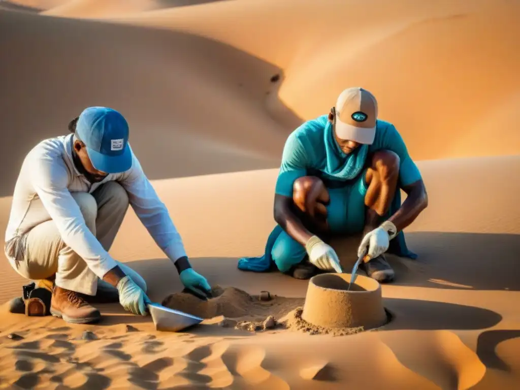 Excavación arqueológica en el desierto del Sahel: descubriendo la historia milenaria Equipo de arqueólogos desenterrando artefactos antiguos en el desierto del Sahel, revelando la historia con cuidado