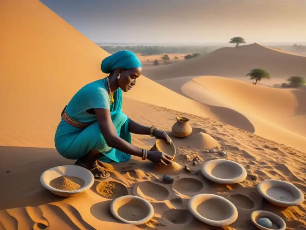 Excavación arqueológica en el Sahel: Descubriendo tesoros milenarios Equipo de arqueólogos descubriendo artefactos antiguos bajo la arena dorada del Sahel