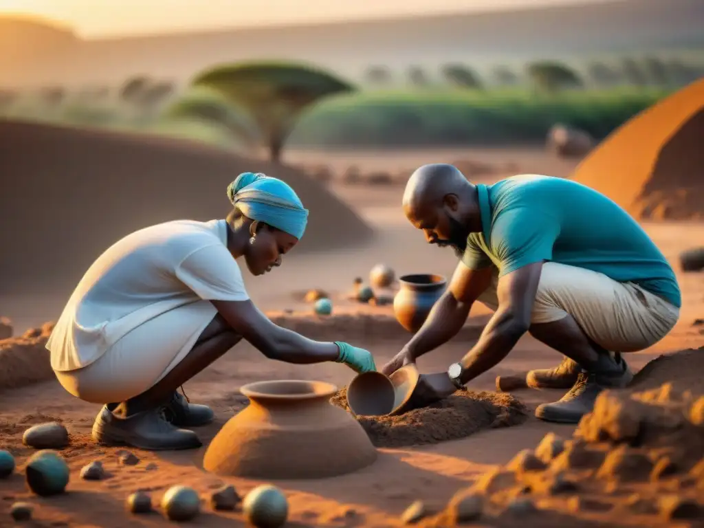 Un equipo de arqueólogos excava artefactos antiguos al atardecer en África, mostrando la influencia global de las civilizaciones africanas