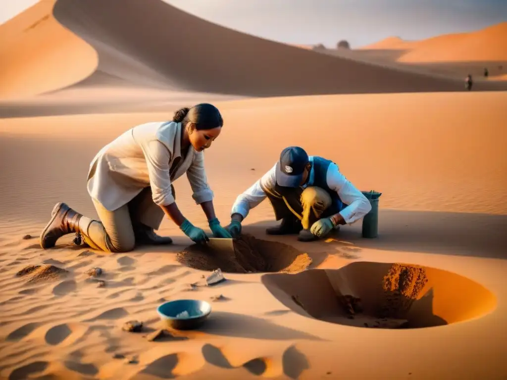 Excavación arqueológica en el Sahara: descubriendo tesoros ancestrales Equipo de arqueólogos excavando en el Sahara, desenterrando artefactos antiguos que revelan interacciones africanoasiáticas evidencia reciente