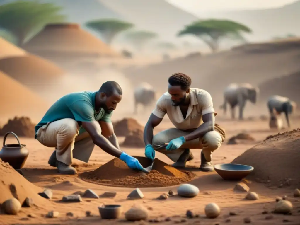 Equipo de arqueólogos excavando artefactos antiguos en África, preservación del patrimonio arqueológico africano