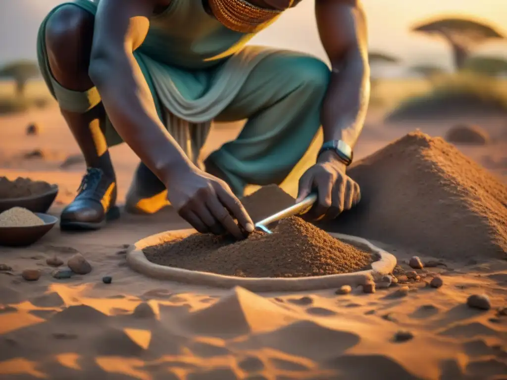 Equipo de arqueólogos excavando artefactos antiguos en la sabana africana al atardecer