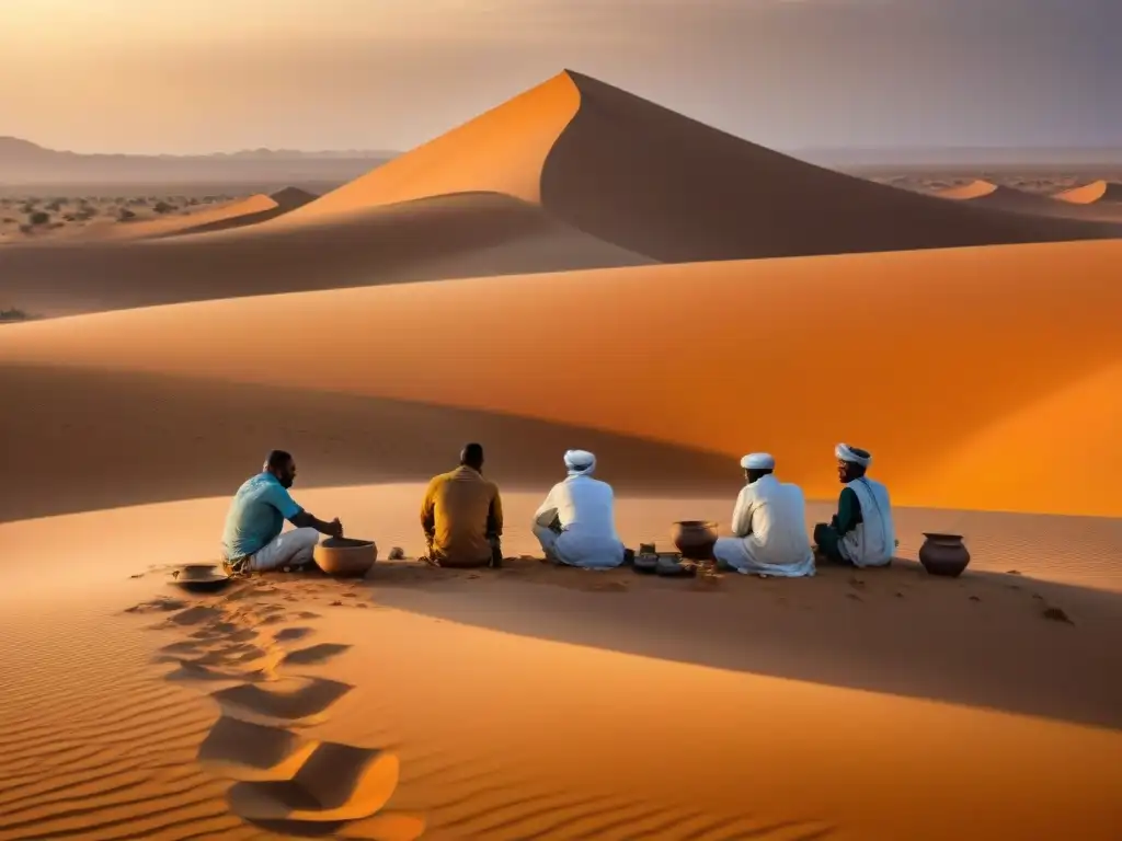 Un equipo de arqueólogos excavando artefactos antiguos en el desierto del Sahara al atardecer