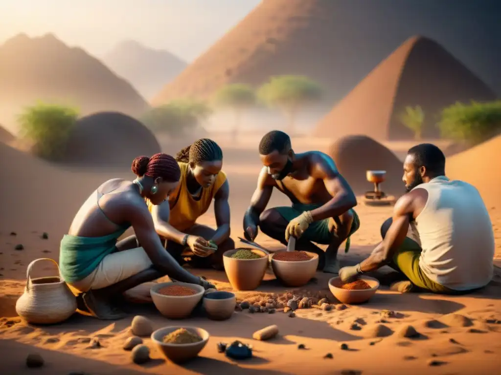 Equipo de arqueólogos excavando artefactos del comercio de especias en África, iluminados por la suave luz del sol