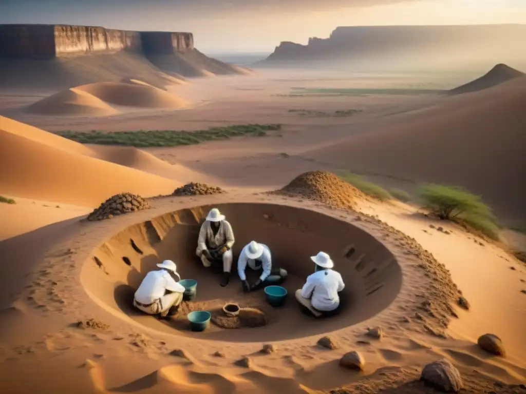 Excavación arqueológica en el desierto del Cuerno de África Equipo de arqueólogos desenterrando artefactos en el desierto africano