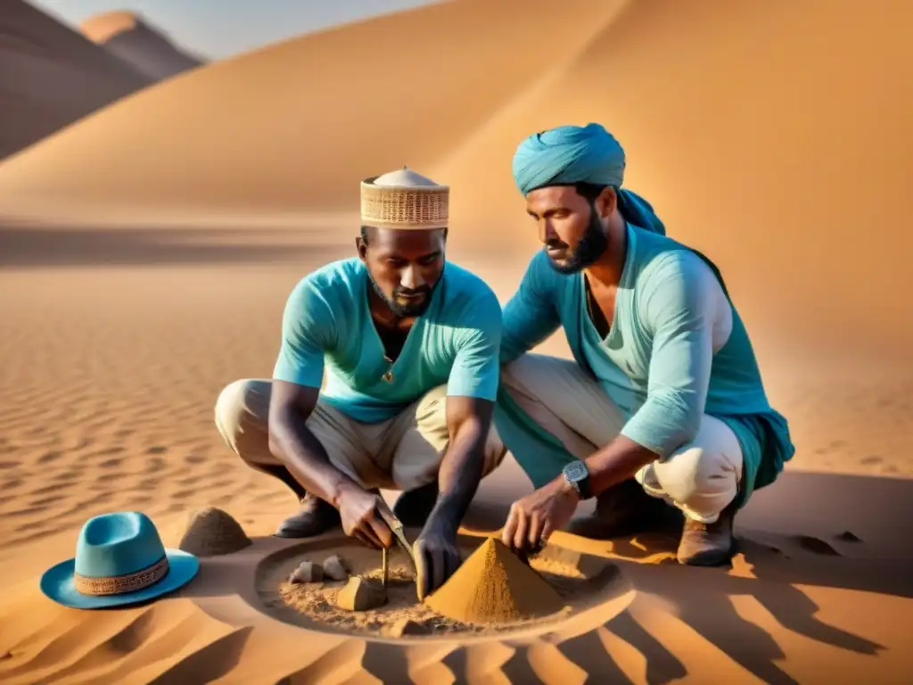 Equipo de arqueólogos descubriendo artefactos dorados en ruinas del Sahel, fusionando ciencia y legado histórico de Ciudades de Oro Sahel África