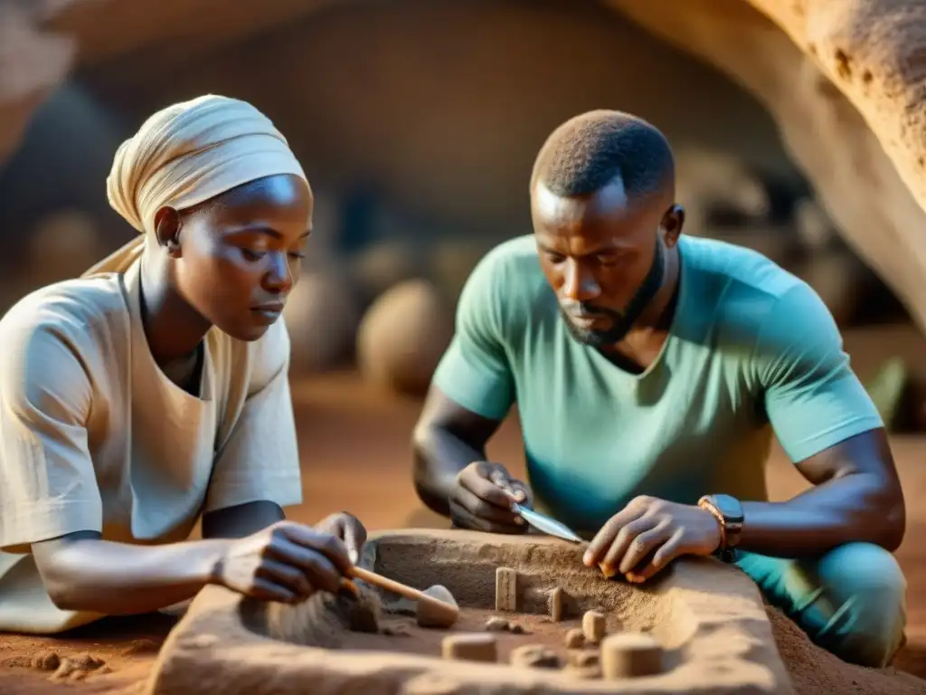 Equipo de arqueólogos excavando artefactos en ruinas de civilización perdida en África Occidental