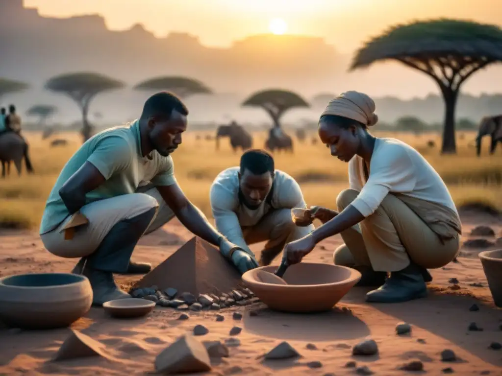 Equipo de arqueólogos excavando artefactos en la sabana africana al atardecer, revelando civilización perdida