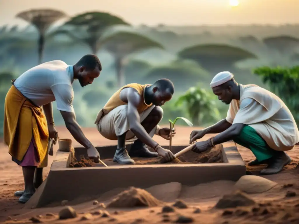 Equipo de arqueólogos excavando en África Central al atardecer, revelando civilizaciones antiguas