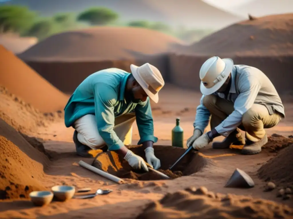 Equipo de arqueólogos excavando en civilizaciones africanas, descubriendo secretos enterrados