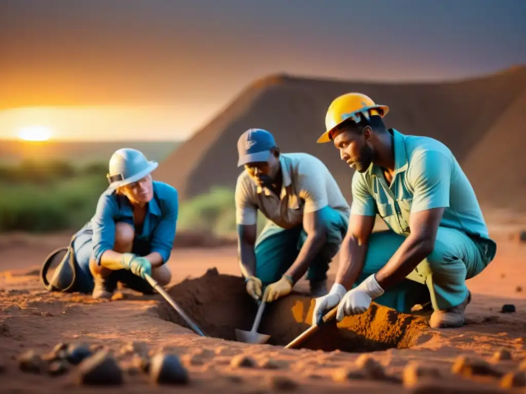 Equipo de arqueólogos excavando en civilizaciones africanas al atardecer