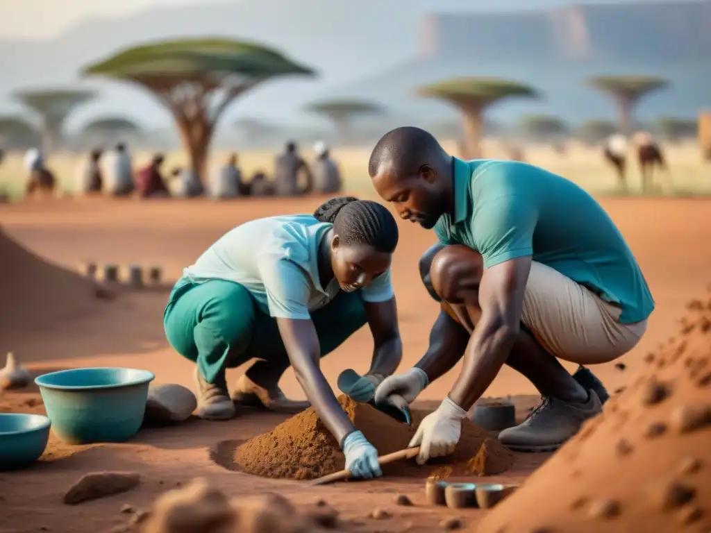 Un equipo de arqueólogos excava con cuidado artefactos antiguos en África, demostrando la preservación del patrimonio arqueológico africano