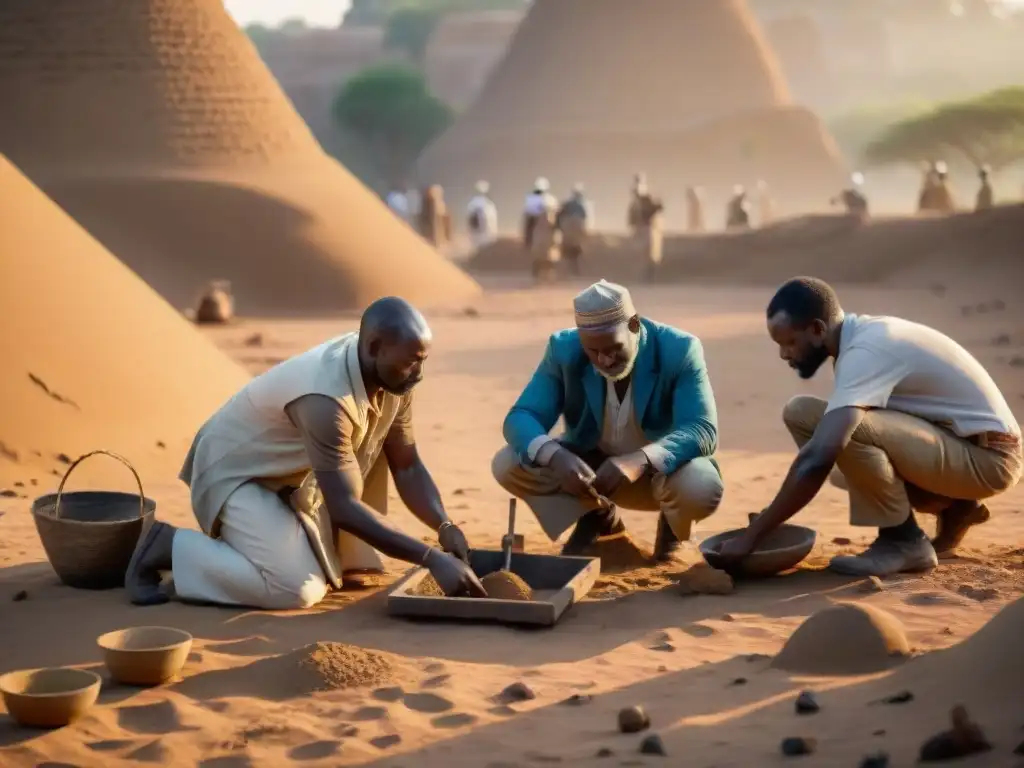 Equipo de arqueólogos excavando con cuidado en civilizaciones africanas al atardecer