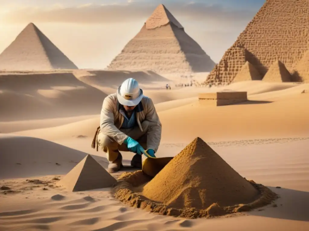 Equipo de arqueólogos excavando en el desierto egipcio, desenterrando un sarcófago decorado