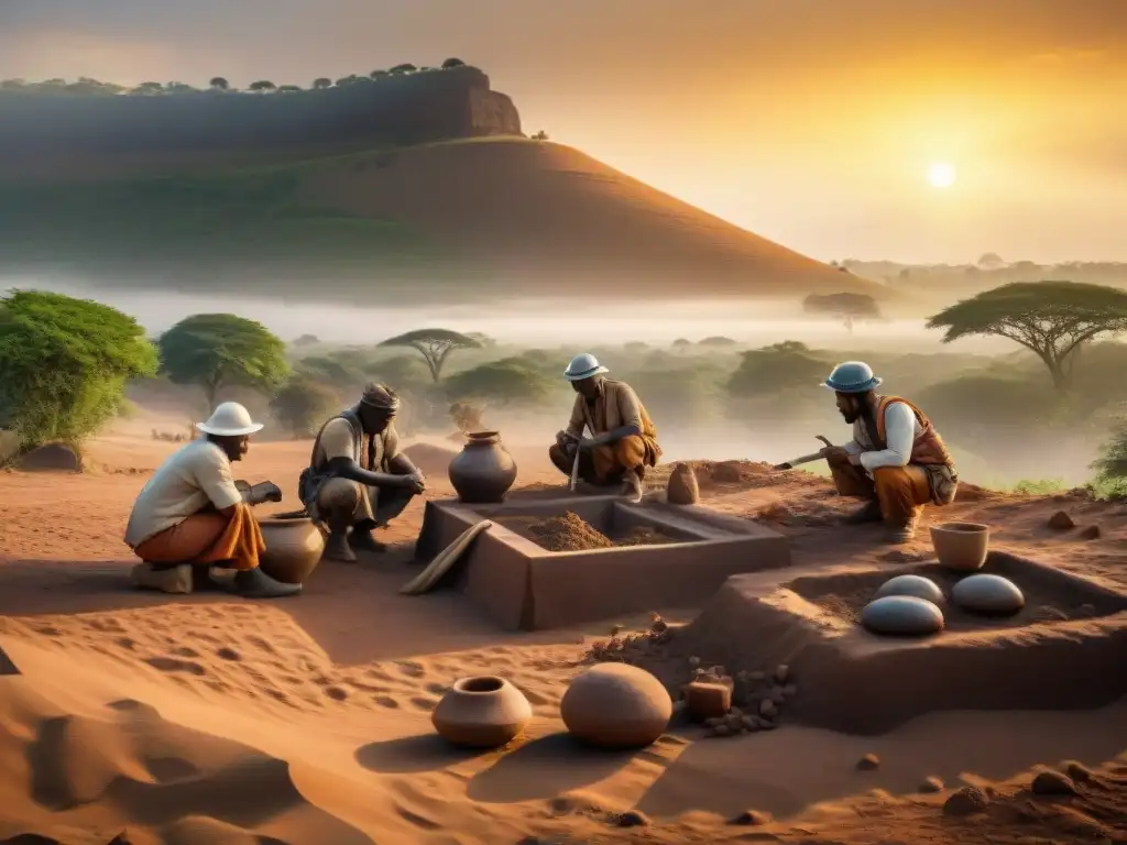 Equipo de arqueólogos excavando con detalle en un sitio de la civilización africana Nok, desvelando enigmas antiguos