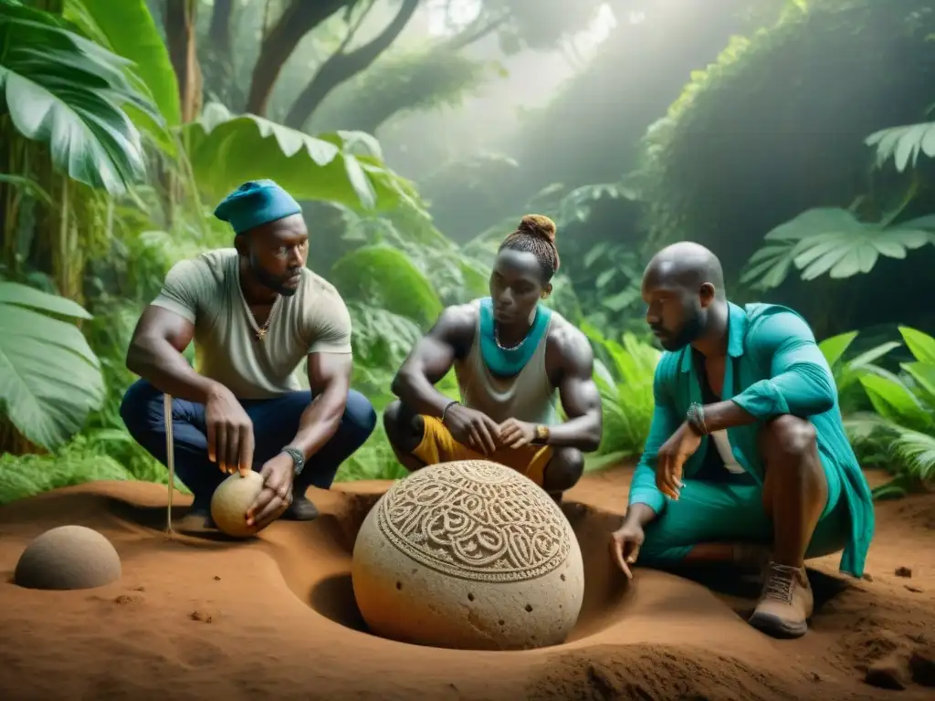 Equipo de arqueólogos excavando esfera de piedra en Senegambia, entre naturaleza exuberante y símbolos misteriosos