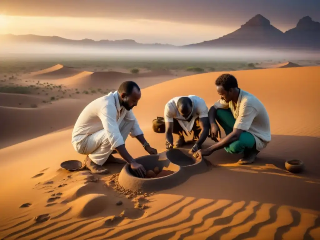Excavación arqueológica al atardecer en el Cuerno de África Un equipo de arqueólogos descubre un fragmento de cerámica con diseños intrincados en el desierto del Cuerno de África al atardecer