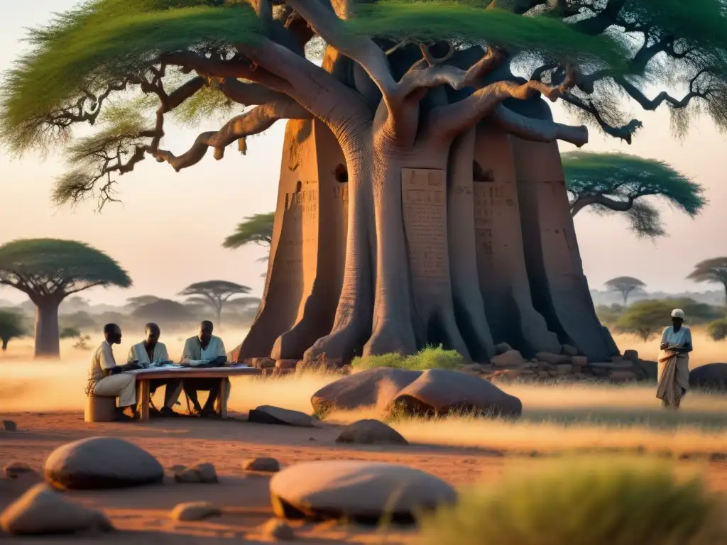 Equipo de arqueólogos estudia inscripciones africanas antiguas bajo baobab al atardecer