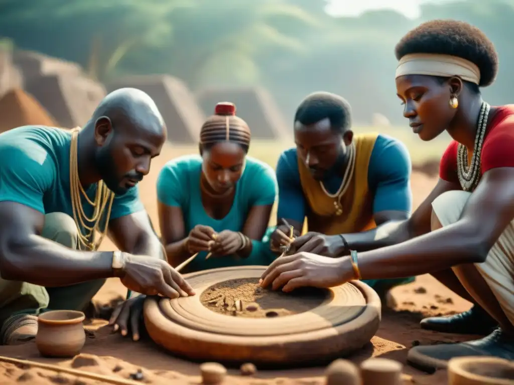 Equipo de arqueólogos excavando instrumentos musicales en civilizaciones africanas