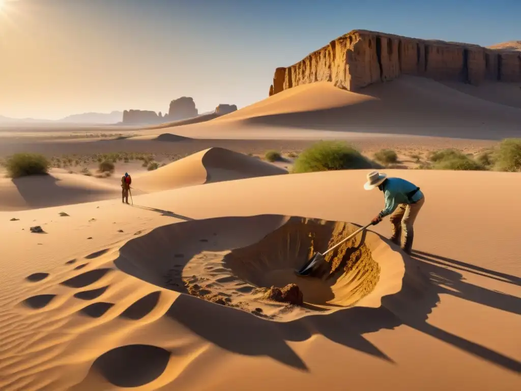 Equipo de arqueólogos descubriendo la leyenda de la Reina de Saba en un yacimiento en el desierto, bajo el sol abrasador