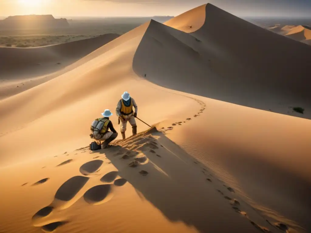 Equipo de arqueólogos excavando un marcador de ruta comercial antigua en el desierto africano al atardecer