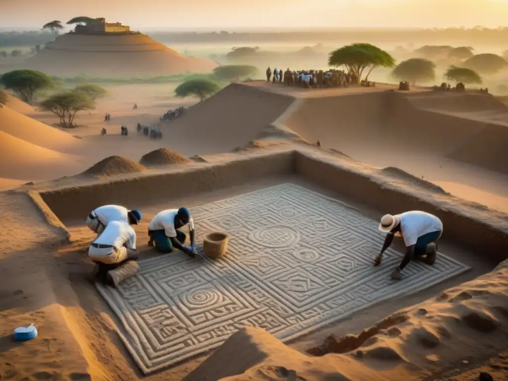 Equipo de arqueólogos desenterrando mosaicos en sitio arqueológico africano al atardecer