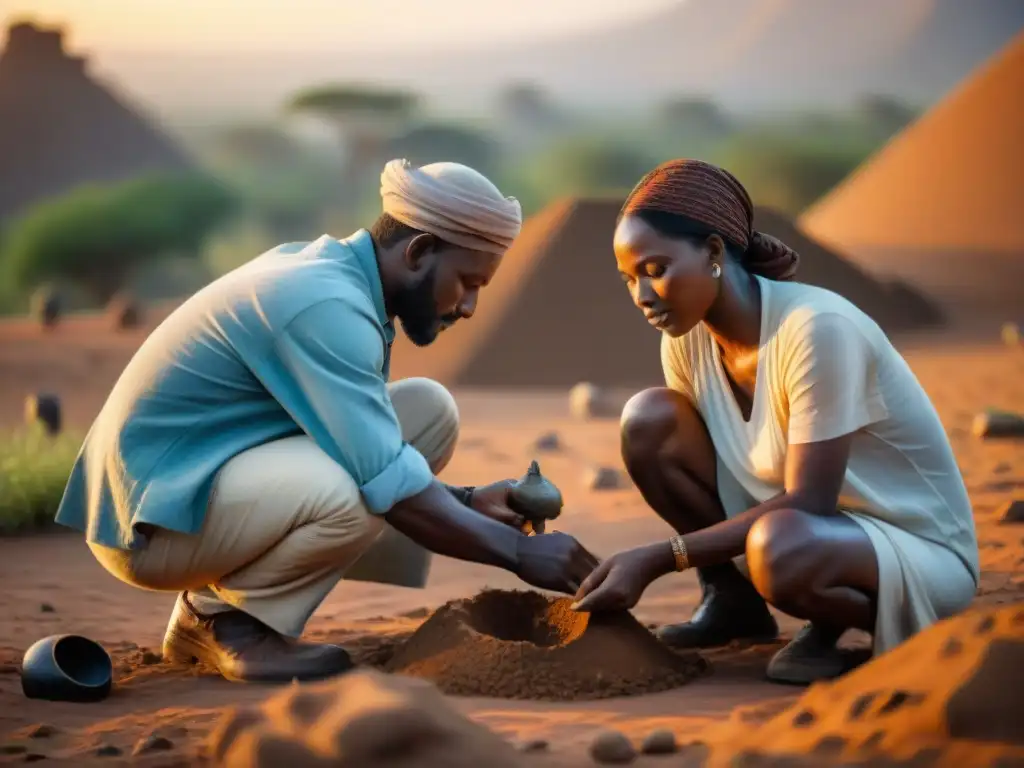 Equipo de arqueólogos excavando nuevos hallazgos historia civilizaciones africanas al atardecer