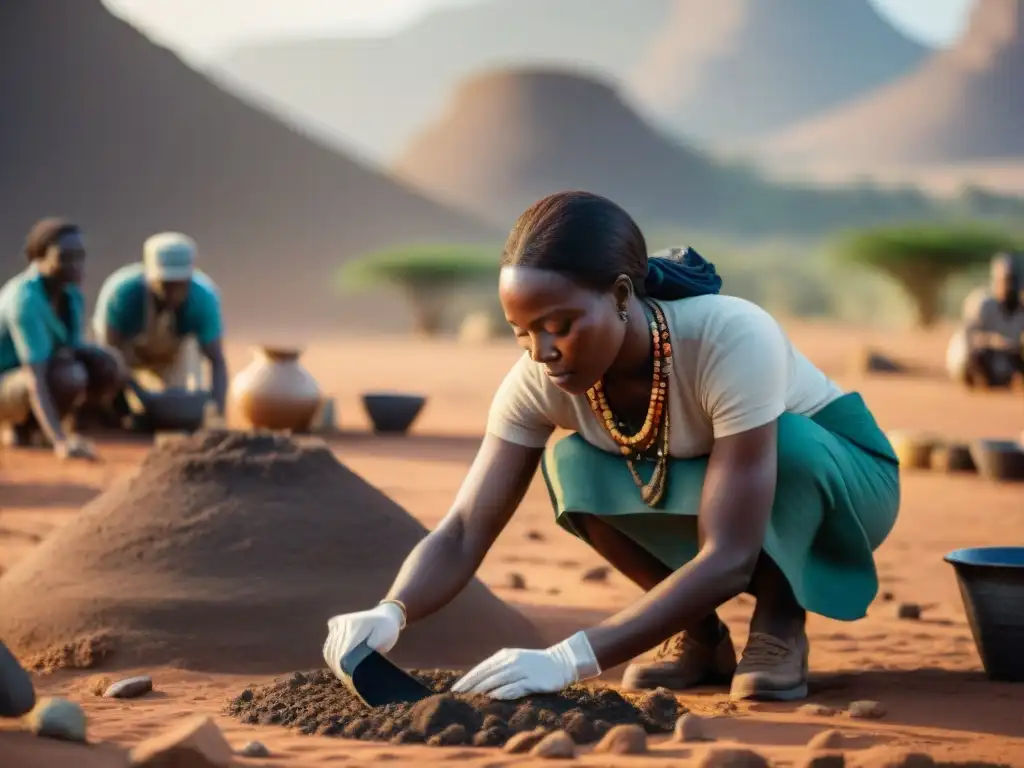 Un equipo de arqueólogos excavando en África, revelando los orígenes de la civilización africana bajo el sol abrasador