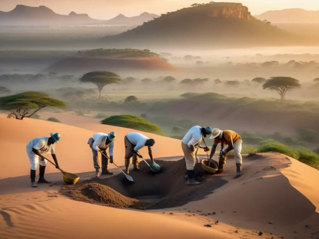 Equipo de arqueólogos excavando en el paisaje africano al atardecer, revelando la rica historia cultural de la región