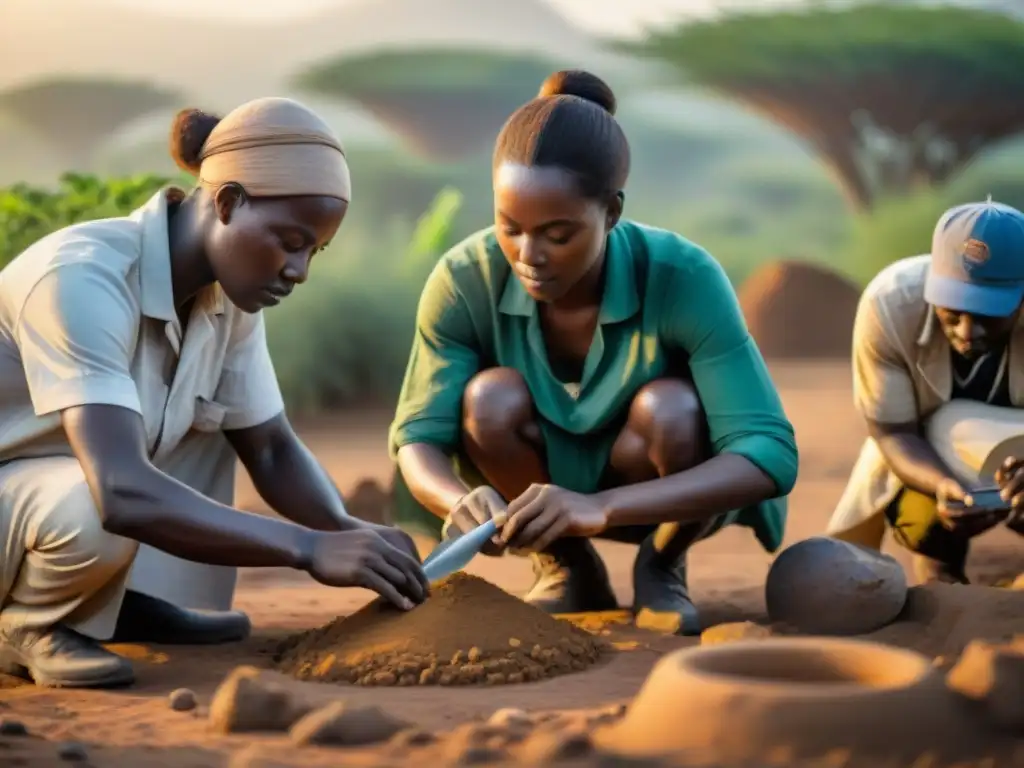 Equipo de arqueólogos preservando el patrimonio arqueológico africano al atardecer en excavación detallada