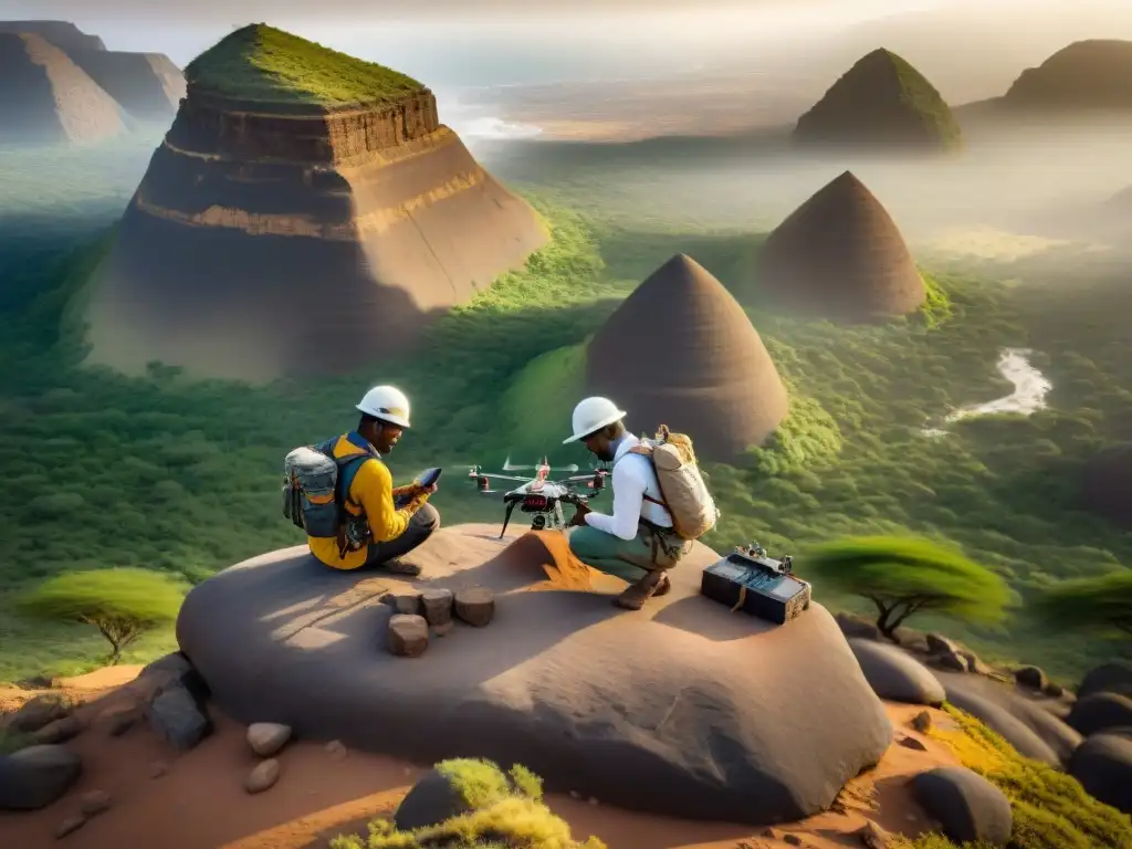 Equipo de arqueólogos documentando petroglifos antiguos en el Cuerno de África