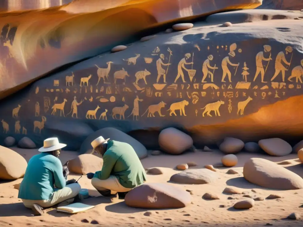 Un equipo de arqueólogos documentando detalladamente petroglifos y pinturas rupestres africanas al amanecer, mostrando dedicación y expertise en el campo