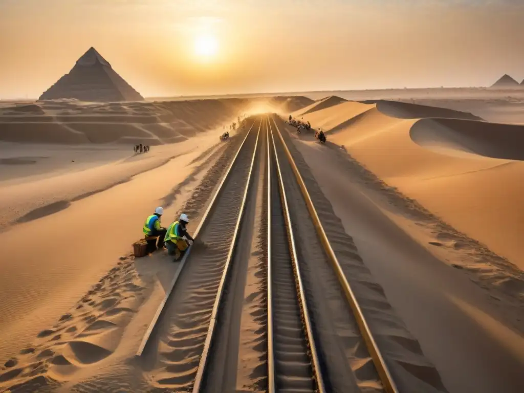 Un equipo de arqueólogos excavando raíles de madera en Egipto al atardecer