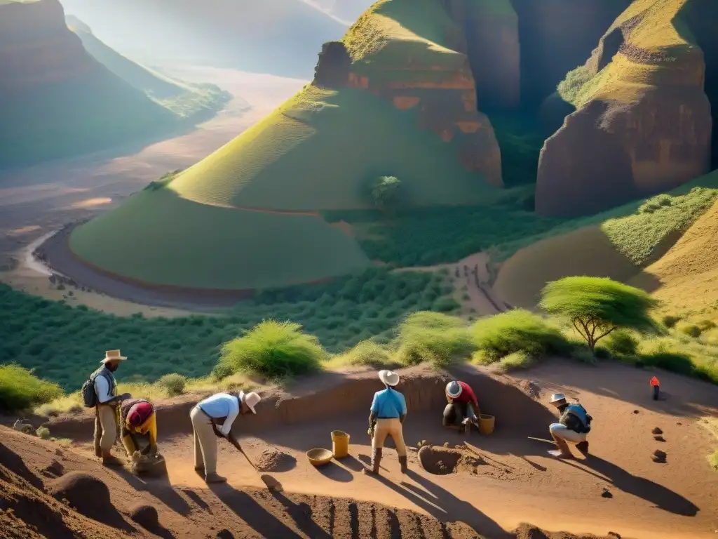 Equipo de arqueólogos excavando reliquias en el Valle del Rift de África al atardecer