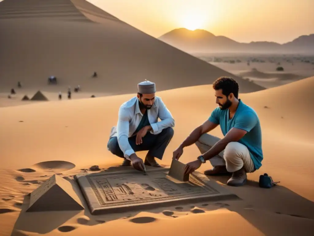 Equipo de arqueólogos descubriendo restos antiguos en desierto de Kush al atardecer