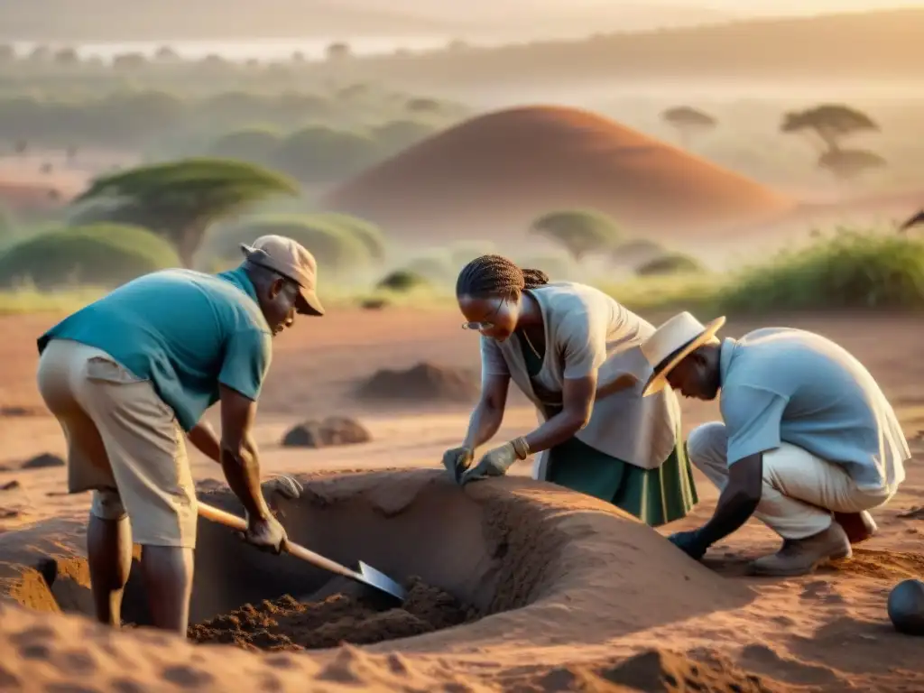 Equipo de arqueólogos excavando restos de civilización africana al atardecer