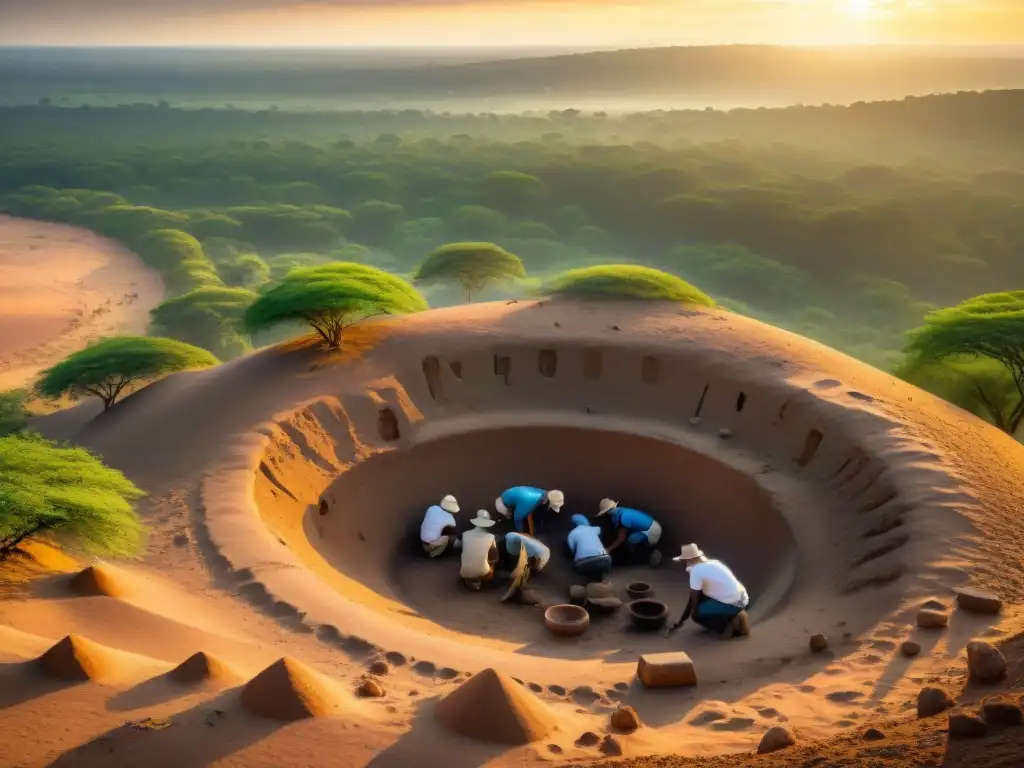 Un equipo de arqueólogos excavando restos de civilizaciones ancestrales de África al atardecer